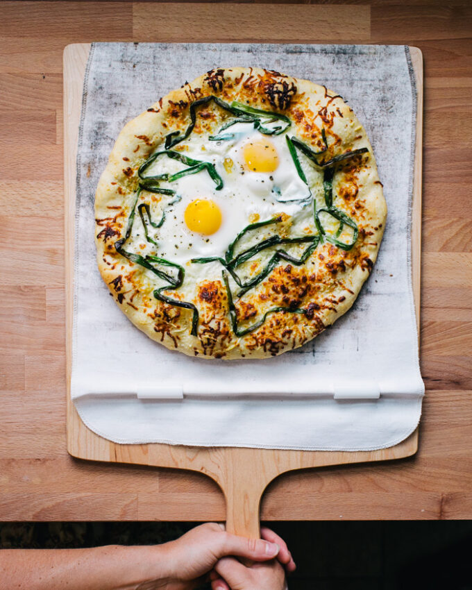 White Pizza with Pecorino, Scallions and Egg