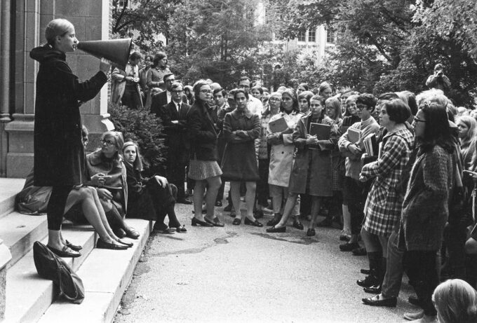 Hillary Rodham (center) attends a student rally at Wellesley College in 1968.