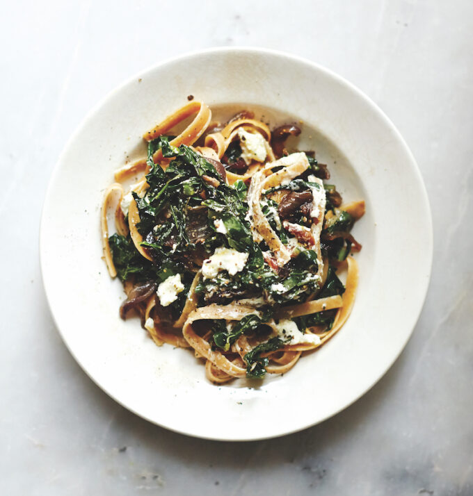Fettuccini With Kale, Caramelized Onions and Goat Cheese 