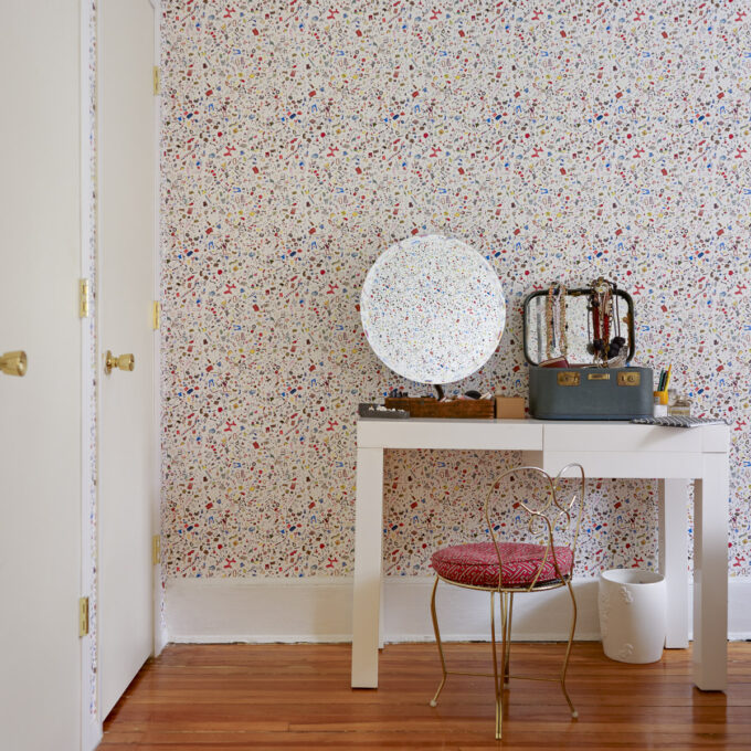 Audrey Gelman bedroom with Too Much Stuff wallpaper