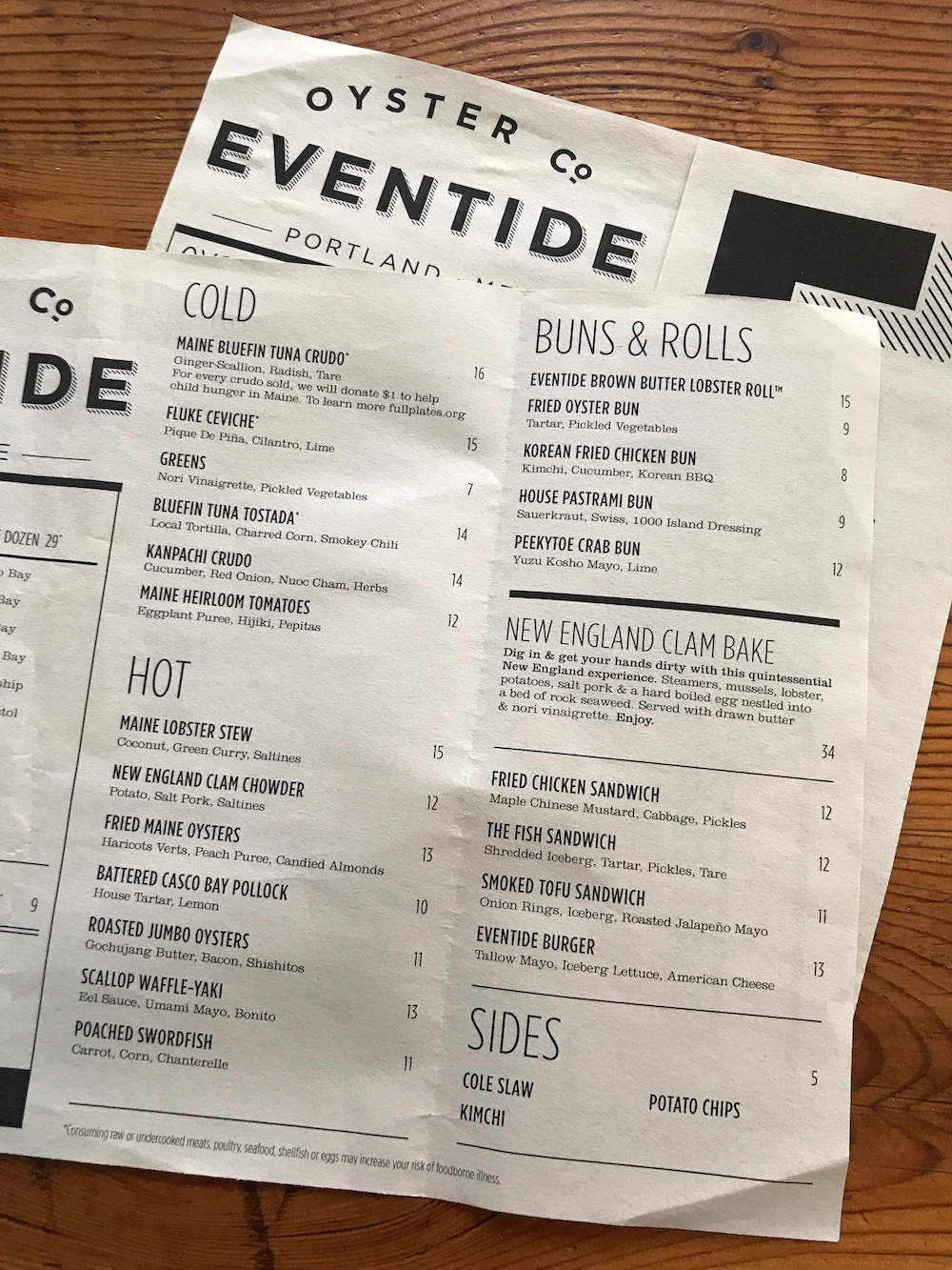 Eventide menu