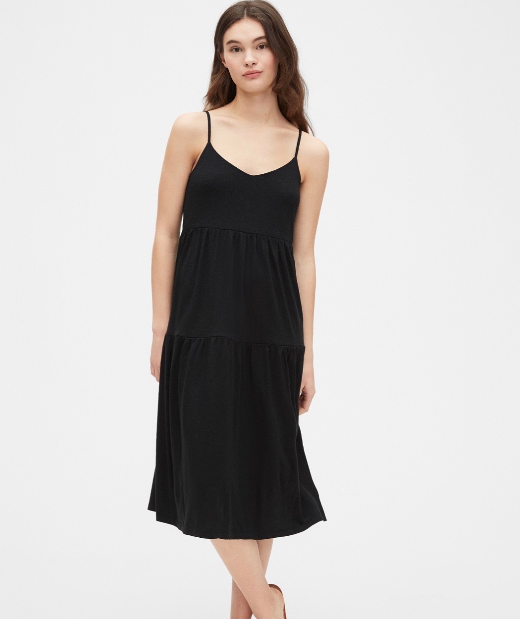 tiered black midi dress