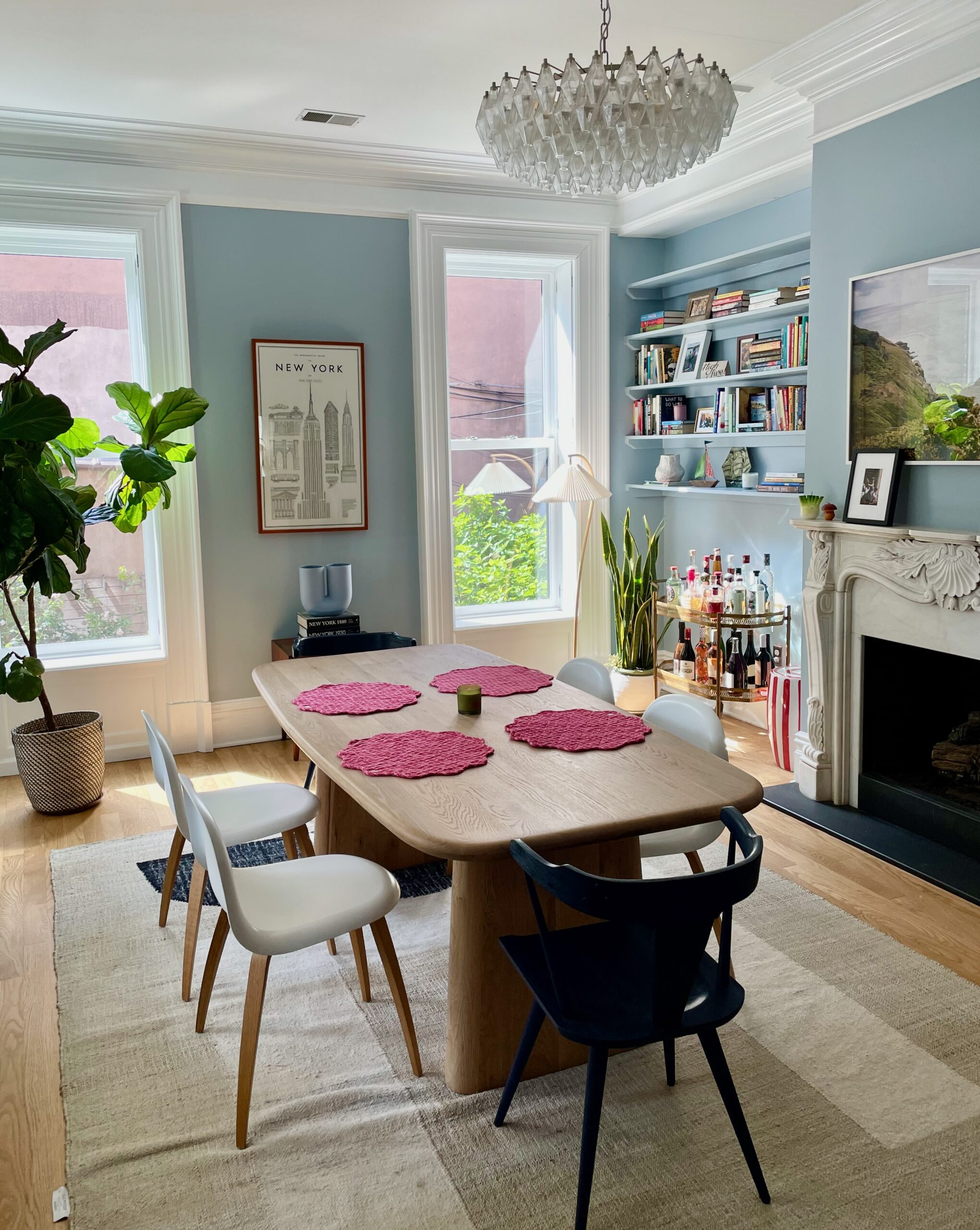 Joanna goddard dining room blue paint bookcases