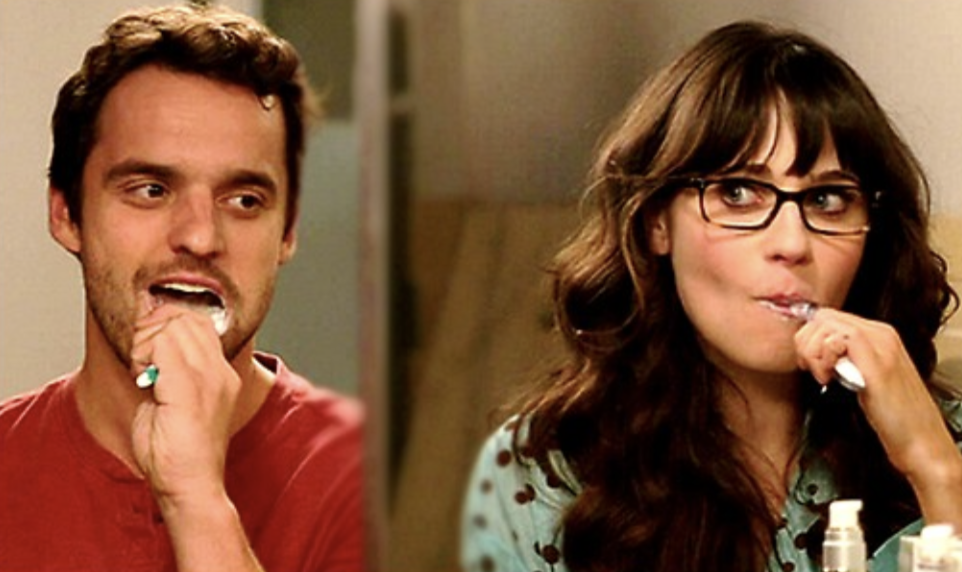 new girl jess nick brushing teeth